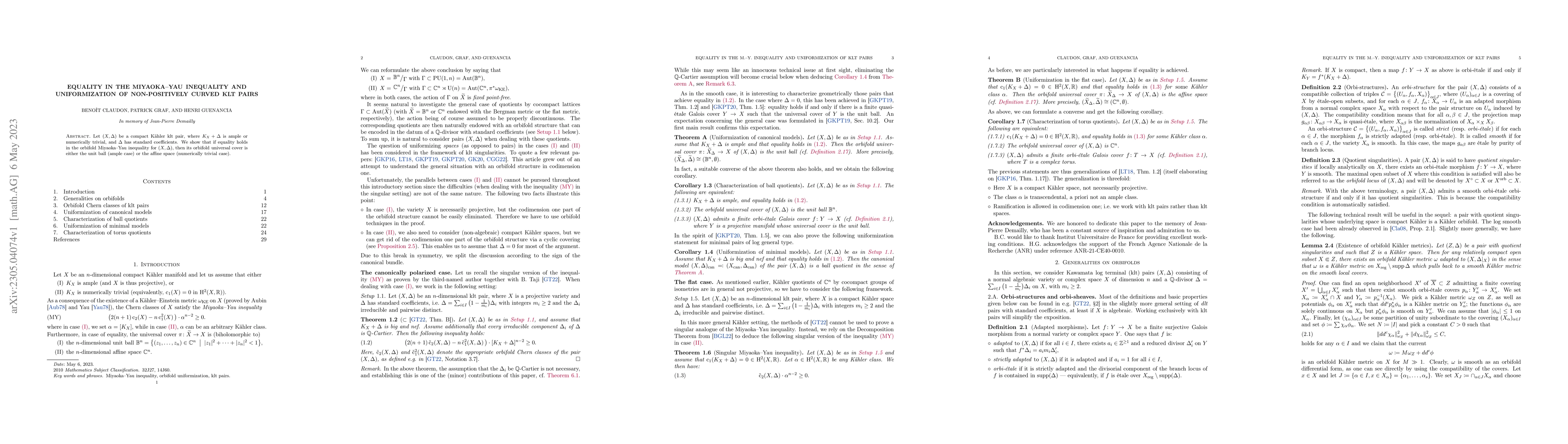 Thumbnail for Equality in the Miyaoka-Yau inequality and uniformization of
  non-positively curved klt pairs