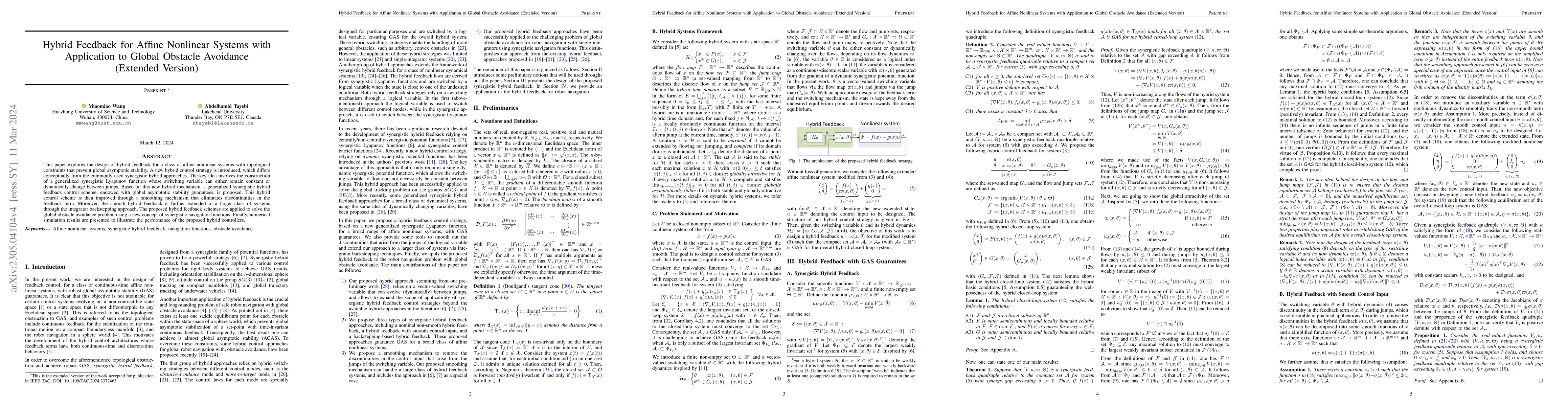 Thumbnail for Hybrid Feedback for Affine Nonlinear Systems with Application to Global
  Obstacle Avoidance (Extended Version)