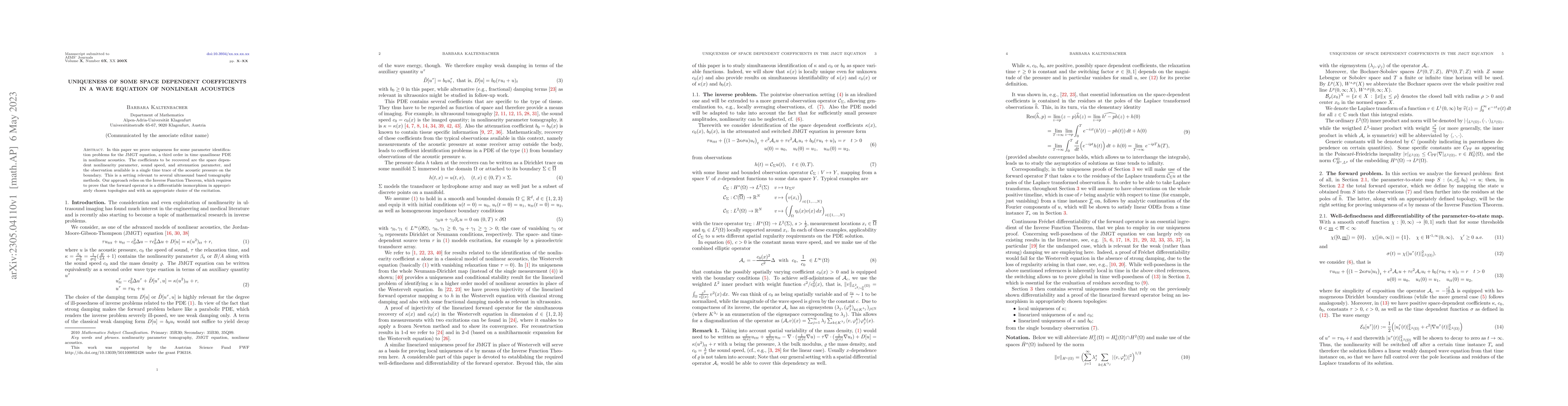 Thumbnail for Uniqueness of some space dependent coefficients in a wave equation of
  nonlinear acoustics