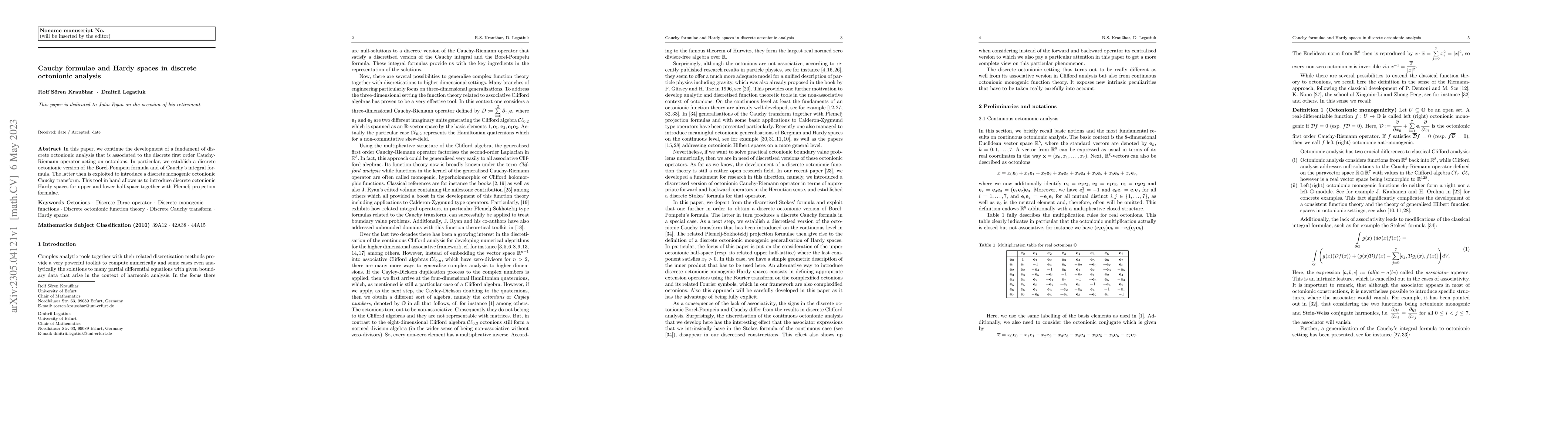 Thumbnail for Cauchy formulae and Hardy spaces in discrete octonionic analysis