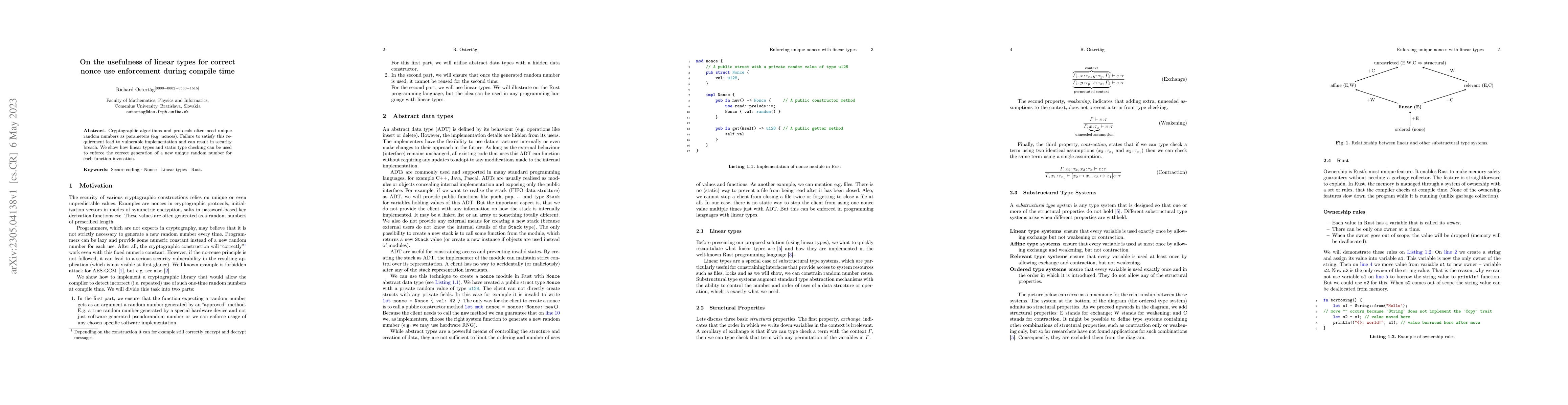 Thumbnail for On the usefulness of linear types for correct nonce use enforcement
  during compile time