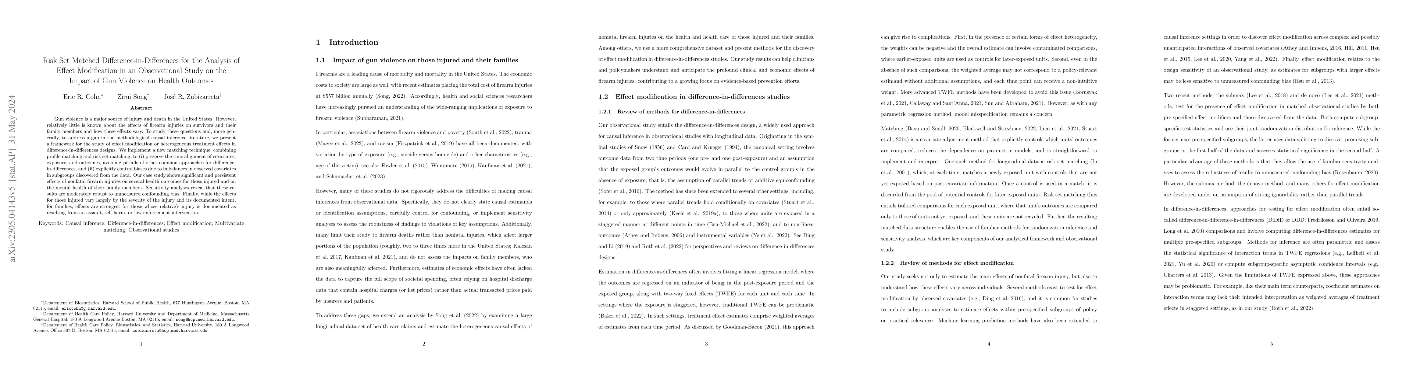 Thumbnail for Risk Set Matched Difference-in-Differences for the Analysis of Effect
  Modification in an Observational Study on the Impact of Gun Violence on
  Health Outcomes