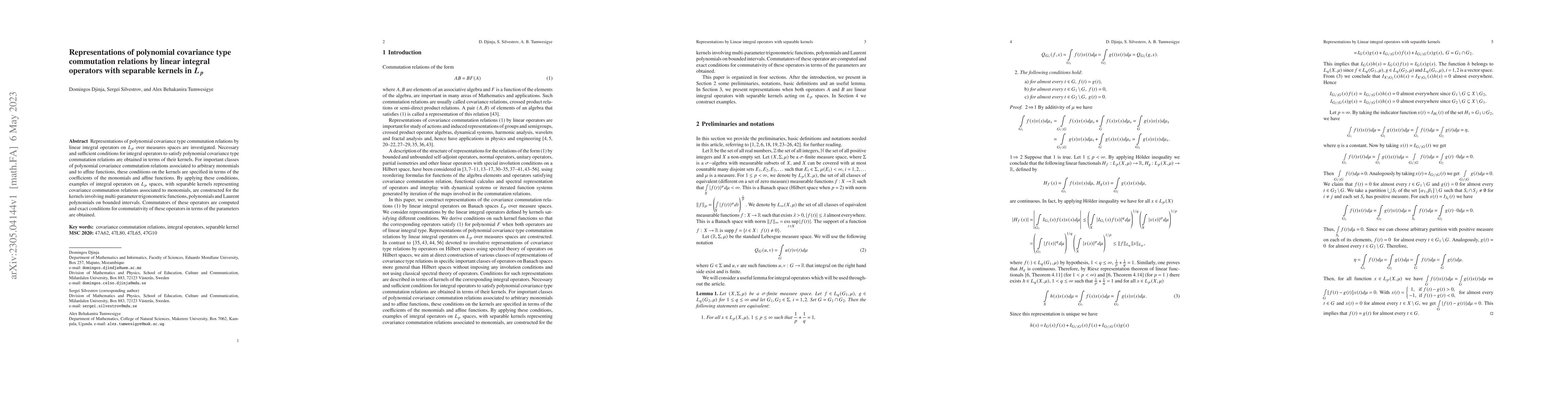 Thumbnail for Representations of polynomial covariance type commutation relations by
  linear integral operators with separable kernels in $L_p$
