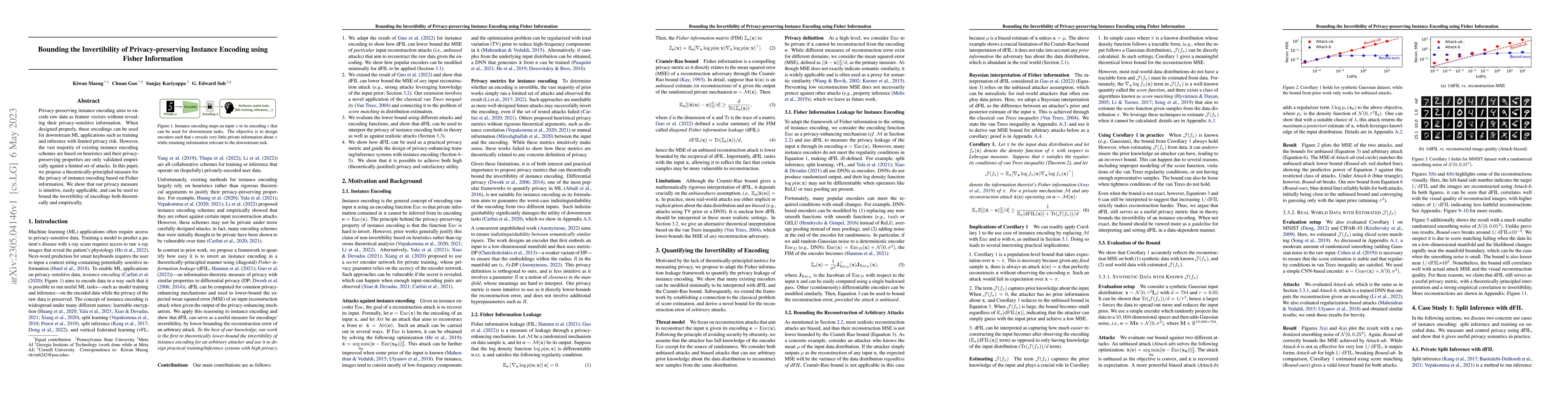 Thumbnail for Bounding the Invertibility of Privacy-preserving Instance Encoding using
  Fisher Information