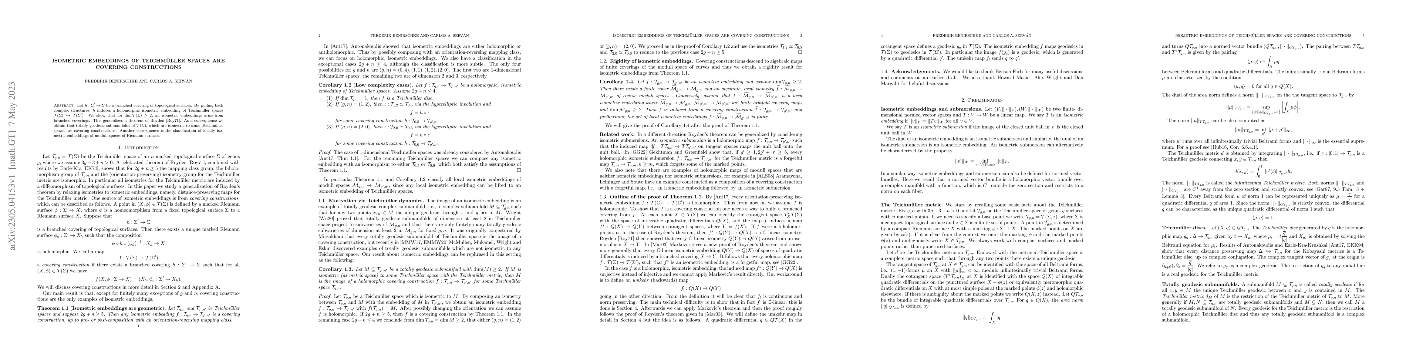 Thumbnail for Isometric embeddings of Teichm\"uller spaces are covering constructions