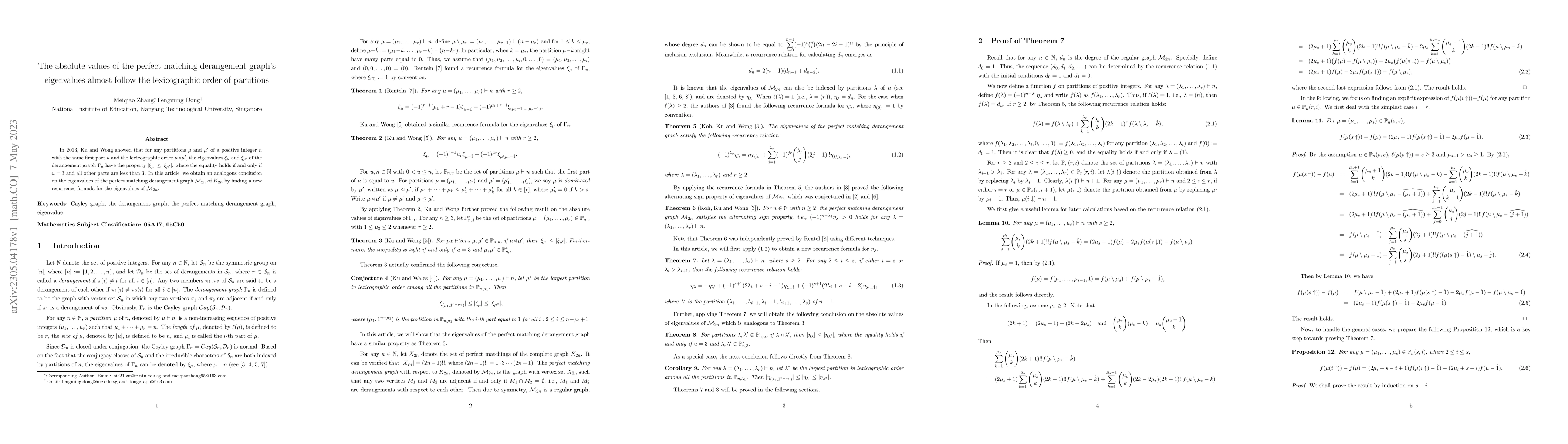 Thumbnail for The absolute values of the perfect matching derangement graph's
  eigenvalues almost follow the lexicographic order of partitions