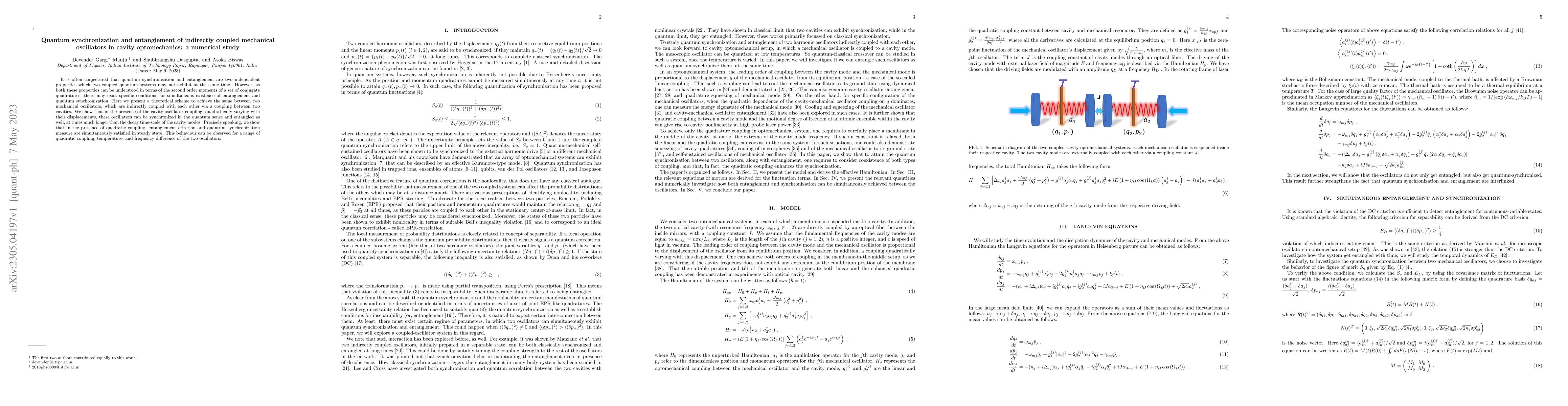 Thumbnail for Quantum synchronization and entanglement of indirectly coupled
  mechanical oscillators in cavity optomechanics: a numerical study