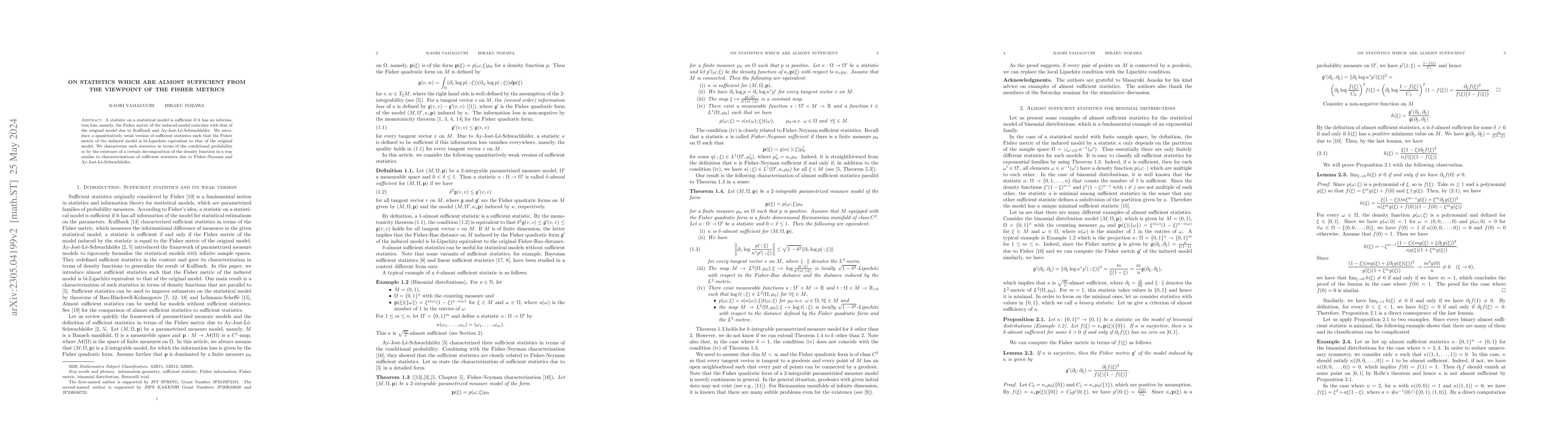 Thumbnail for On statistics which are almost sufficient from the viewpoint of the
  Fisher metrics