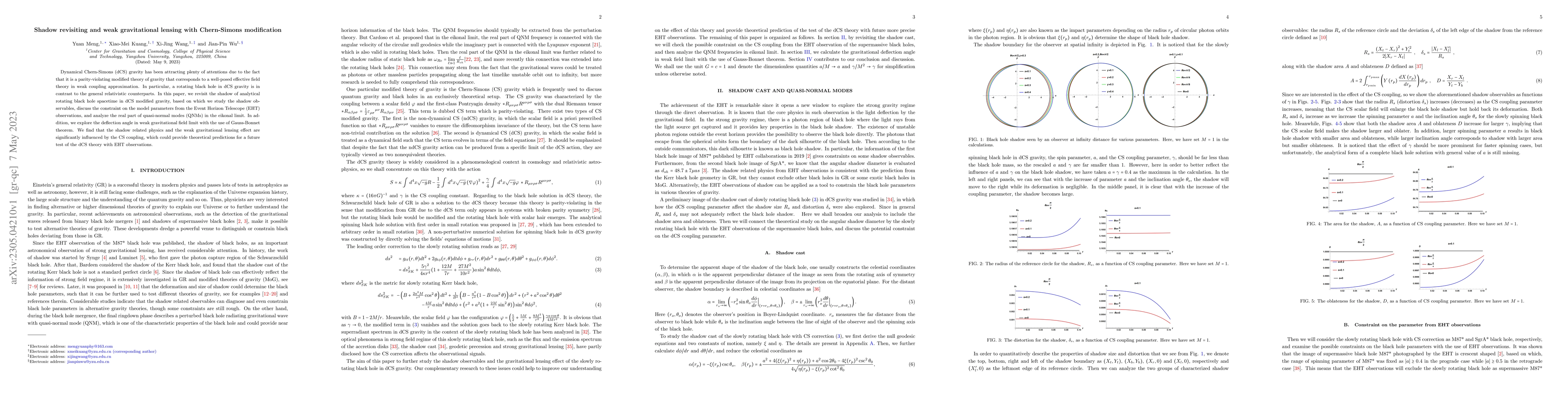 Thumbnail for Shadow revisiting and weak gravitational lensing with Chern-Simons
  modification