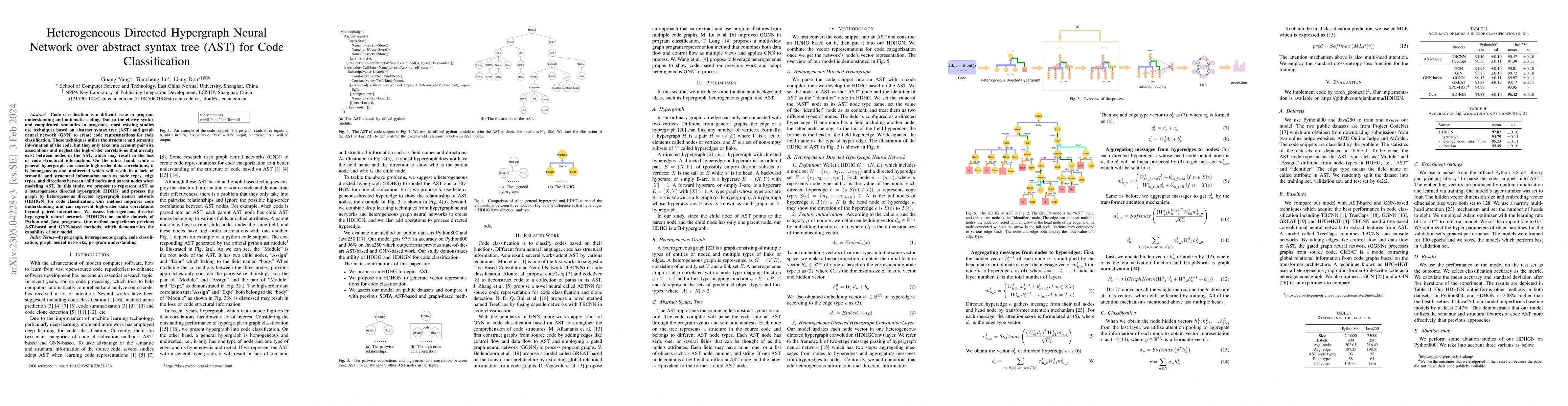 Thumbnail for Heterogeneous Directed Hypergraph Neural Network over abstract syntax
  tree (AST) for Code Classification