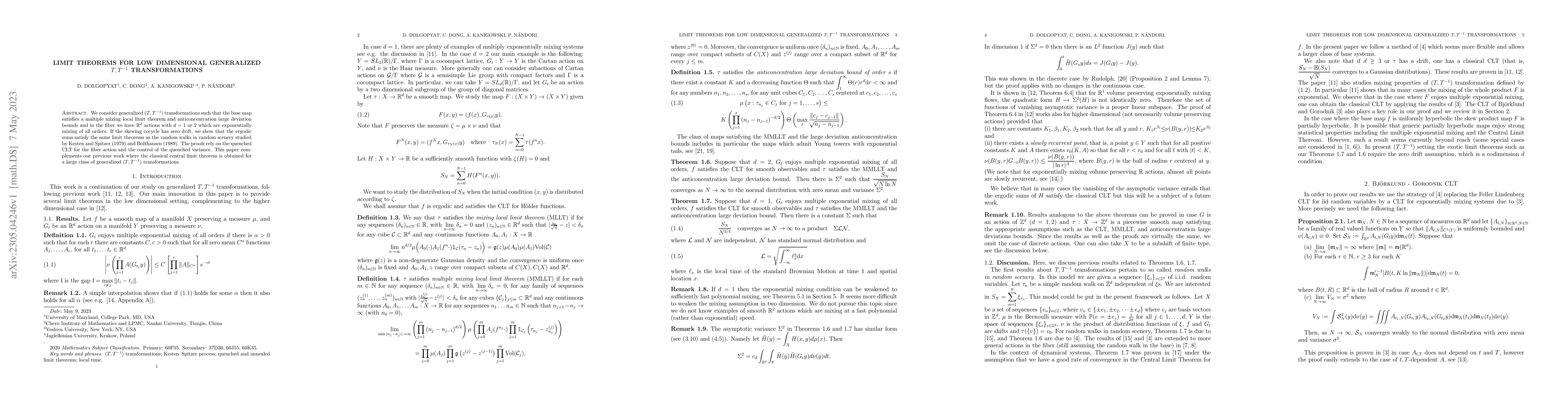 Thumbnail for Limit theorems for low dimensional generalized $(T,T^{-1})$
  transformations