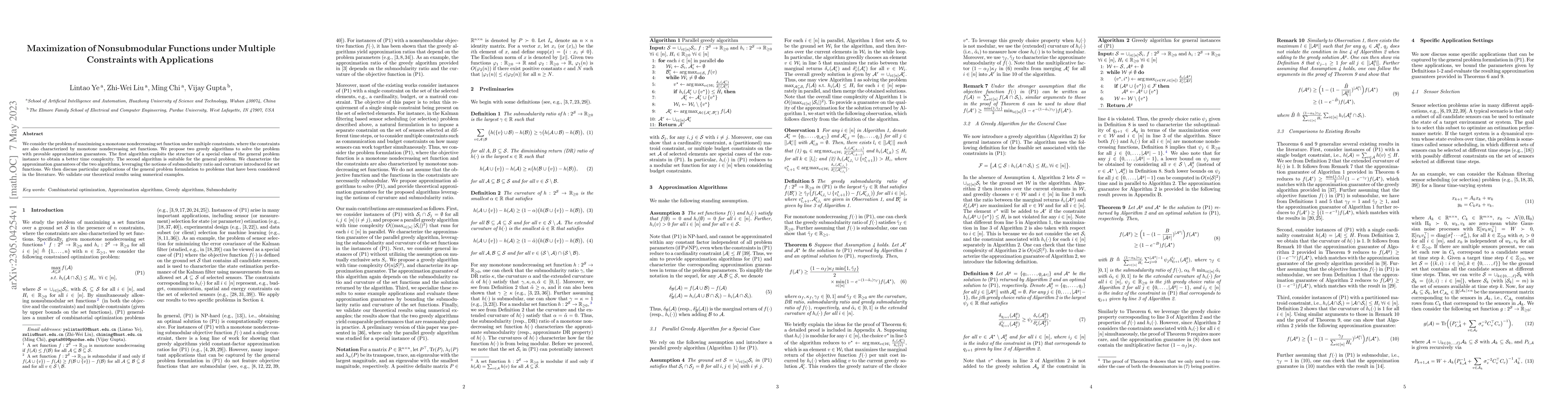 Thumbnail for Maximization of Nonsubmodular Functions under Multiple Constraints with
  Applications