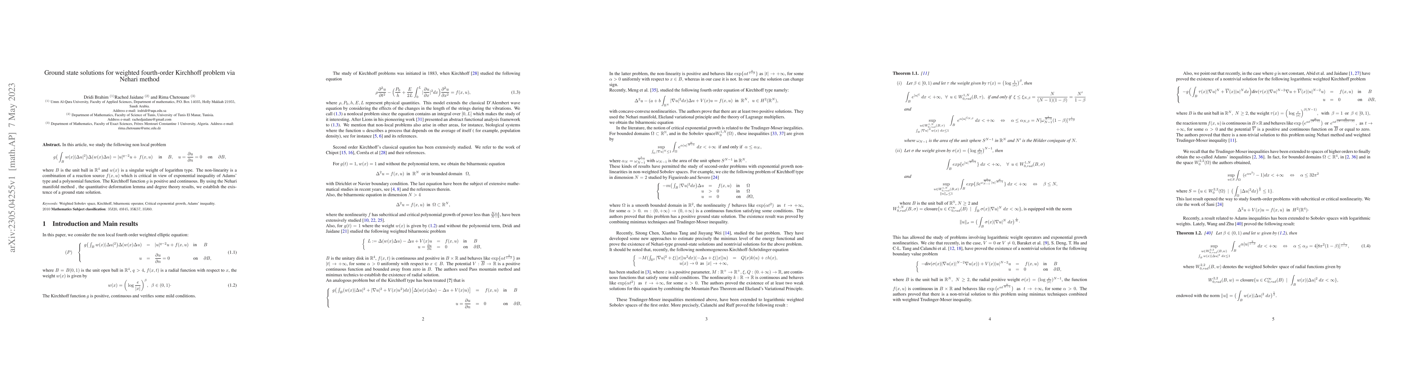 Thumbnail for Ground state solutions for weighted fourth-order Kirchhoff problem via
  Nehari method