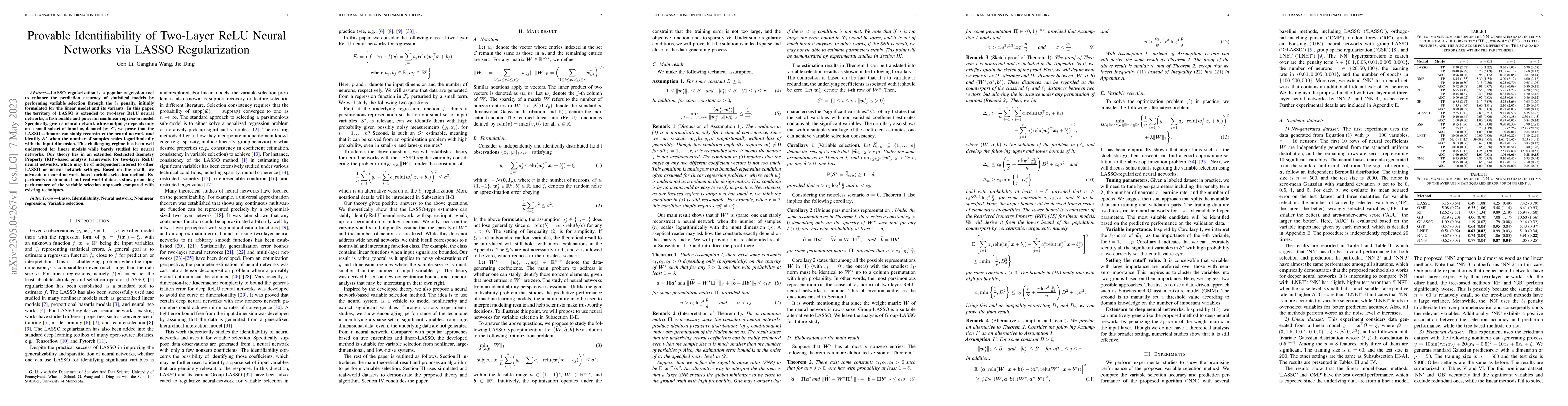 Thumbnail for Provable Identifiability of Two-Layer ReLU Neural Networks via LASSO
  Regularization