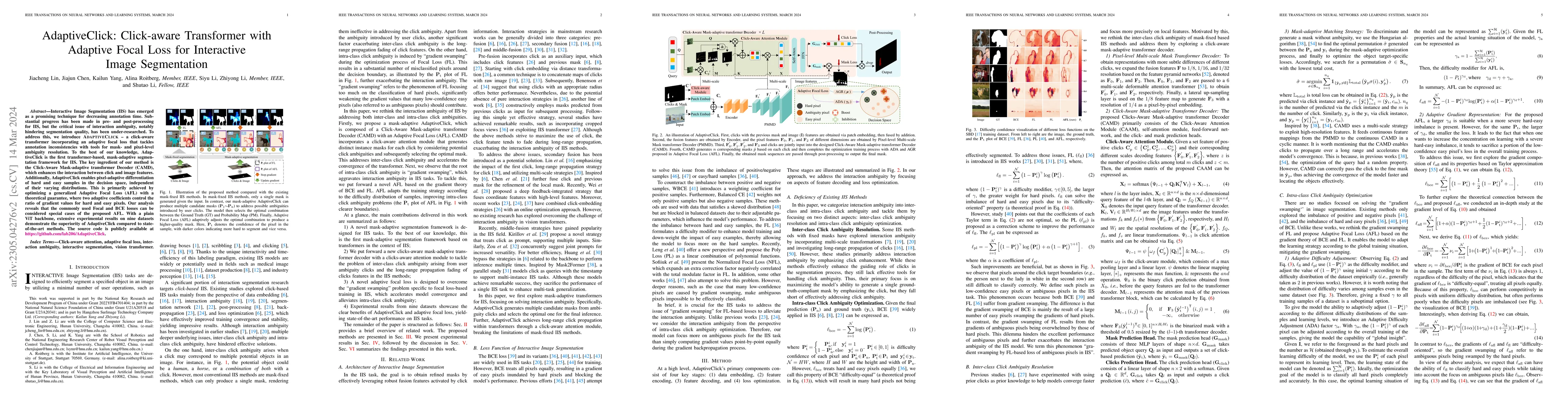 Thumbnail for AdaptiveClick: Clicks-aware Transformer with Adaptive Focal Loss for
  Interactive Image Segmentation