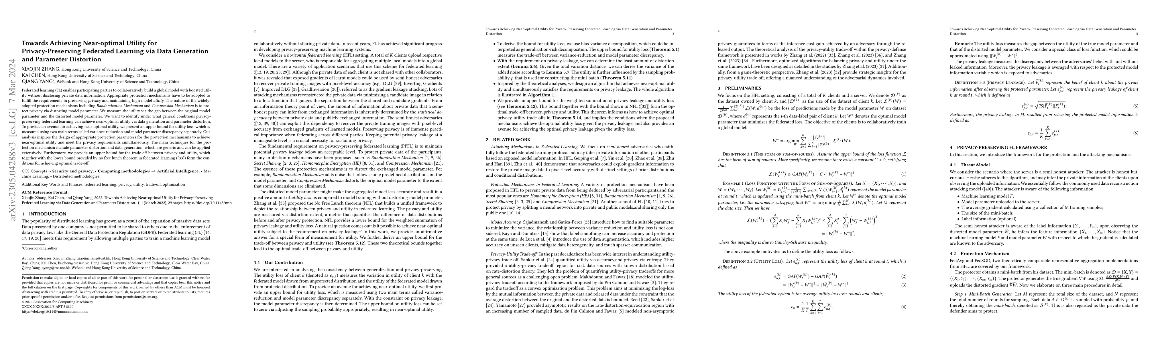 Thumbnail for Towards Achieving Near-optimal Utility for Privacy-Preserving Federated
  Learning via Data Generation and Parameter Distortion