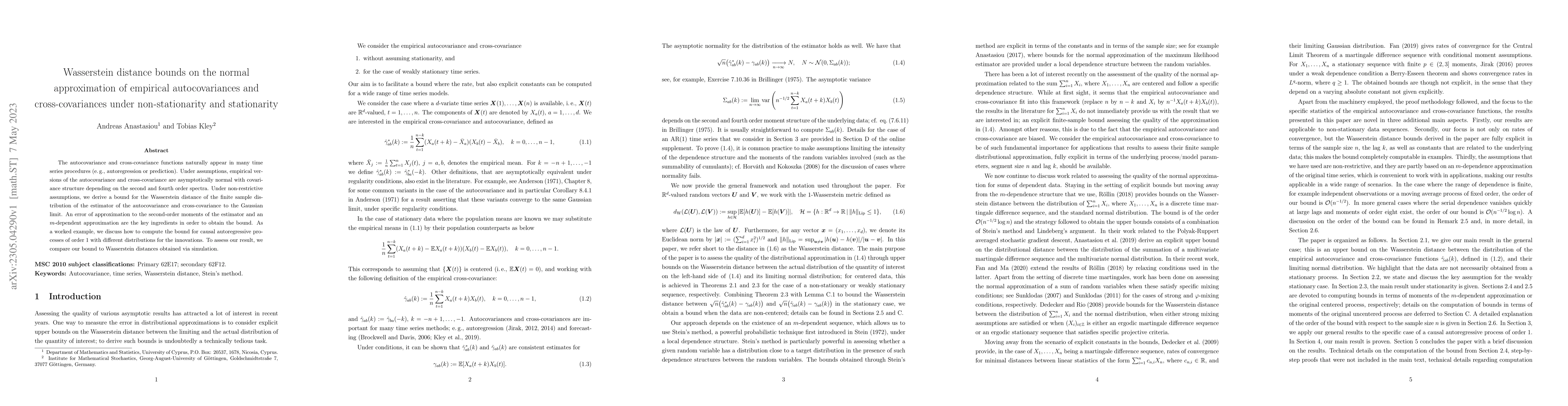 Thumbnail for Wasserstein distance bounds on the normal approximation of empirical
  autocovariances and cross-covariances under non-stationarity and stationarity