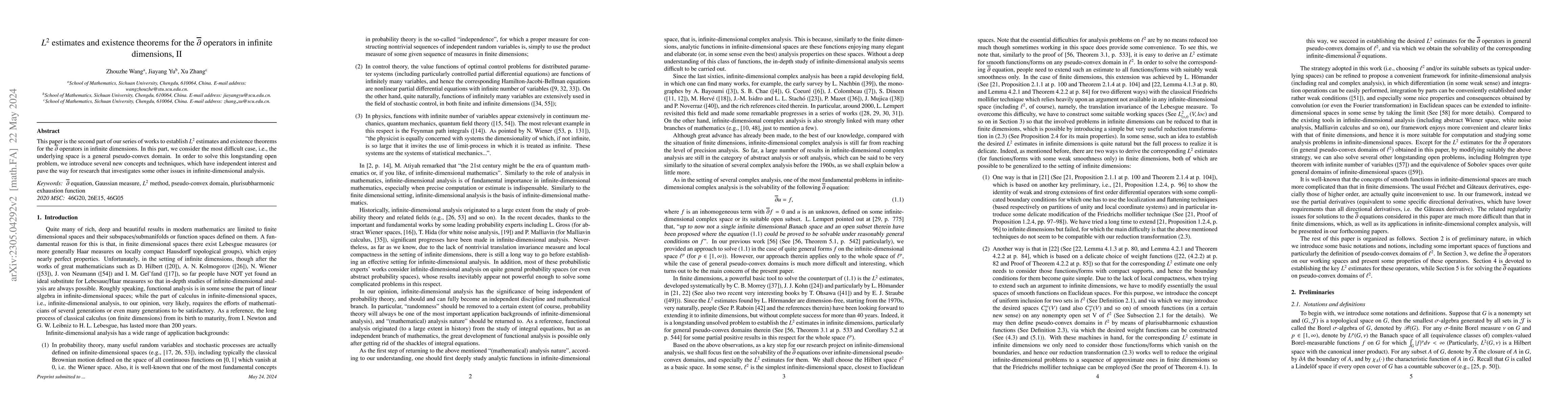 Thumbnail for $L^2$ estimates and existence theorems for the $\overline{\partial}$
  operators in infinite dimensions, II