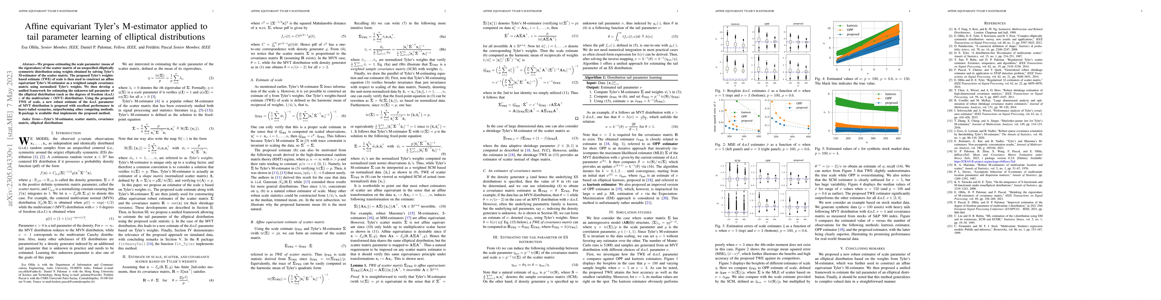 Thumbnail for Affine equivariant Tyler's M-estimator applied to tail parameter
  learning of elliptical distributions