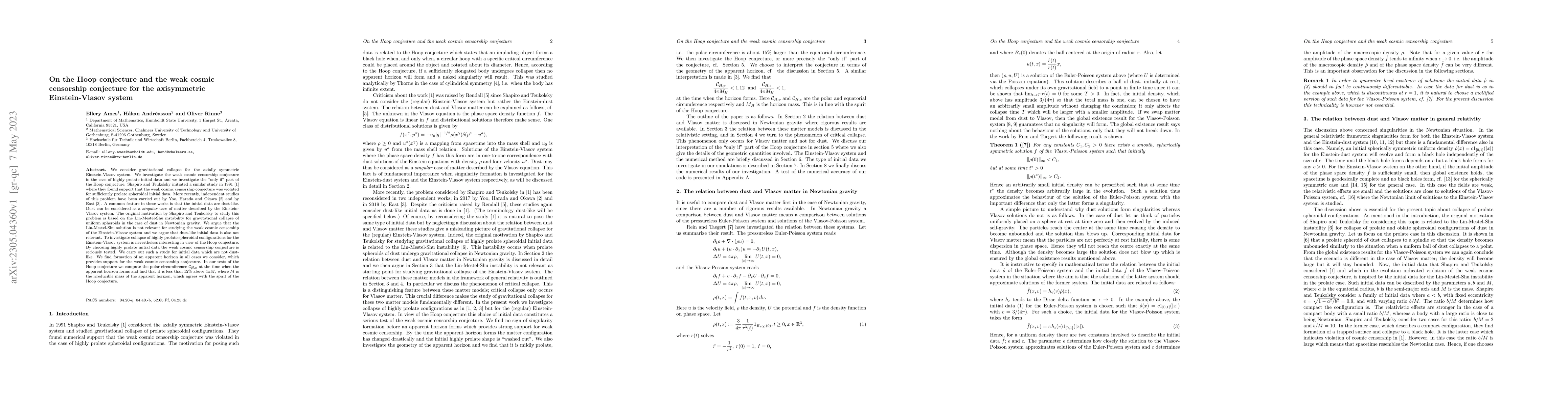 Thumbnail for On the Hoop conjecture and the weak cosmic censorship conjecture for the
  axisymmetric Einstein-Vlasov system