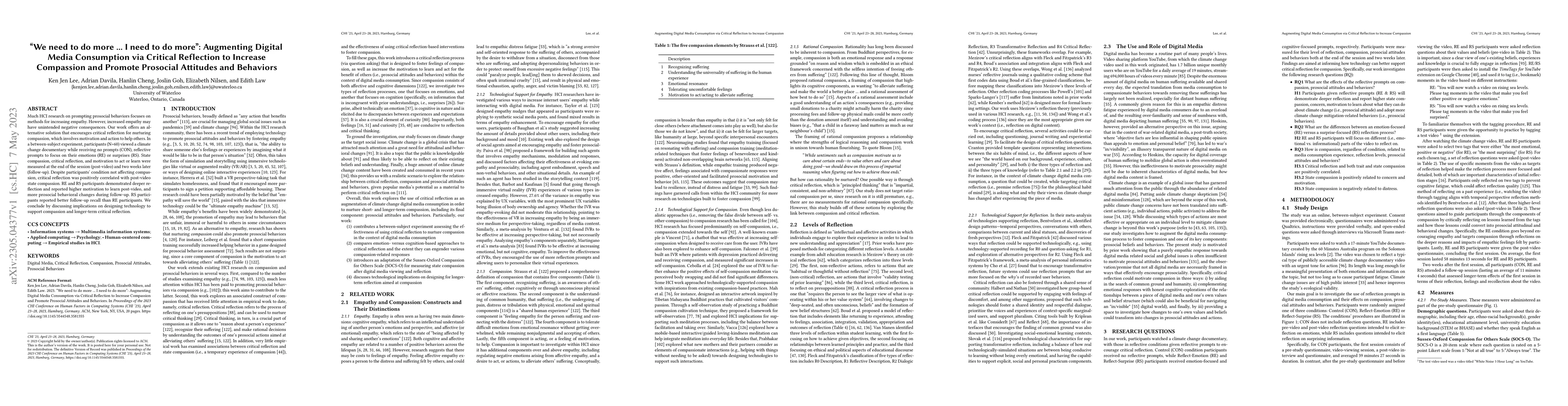 Thumbnail for "We need to do more ... I need to do more": Augmenting Digital Media
  Consumption via Critical Reflection to Increase Compassion and Promote
  Prosocial Attitudes and Behaviors