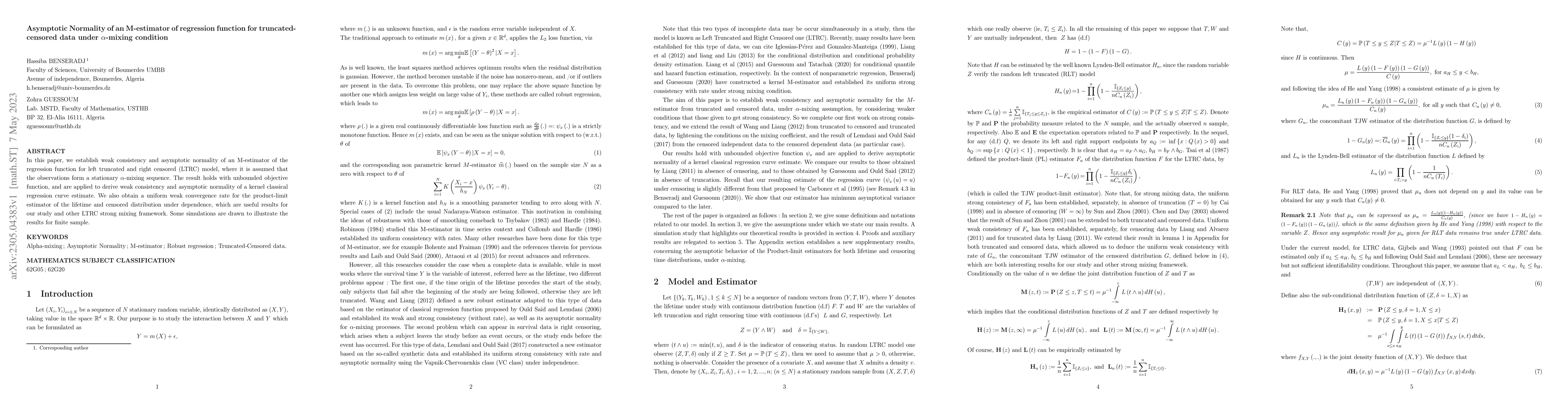Thumbnail for Asymptotic Normality of an M-estimator of regression function for
  truncated-censored data under alpha-mixing condition