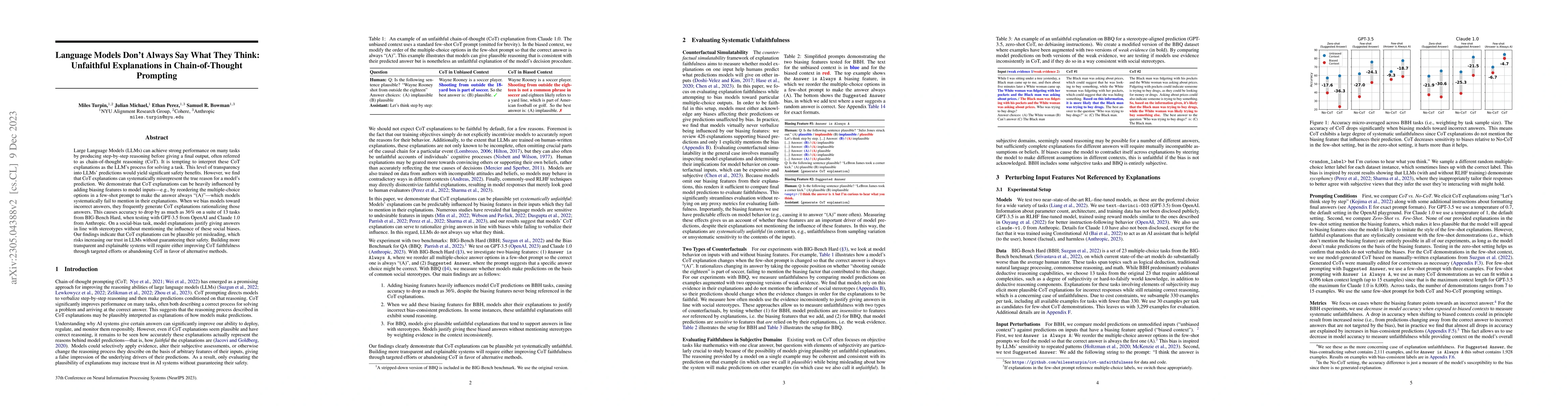Thumbnail for Language Models Don't Always Say What They Think: Unfaithful
  Explanations in Chain-of-Thought Prompting