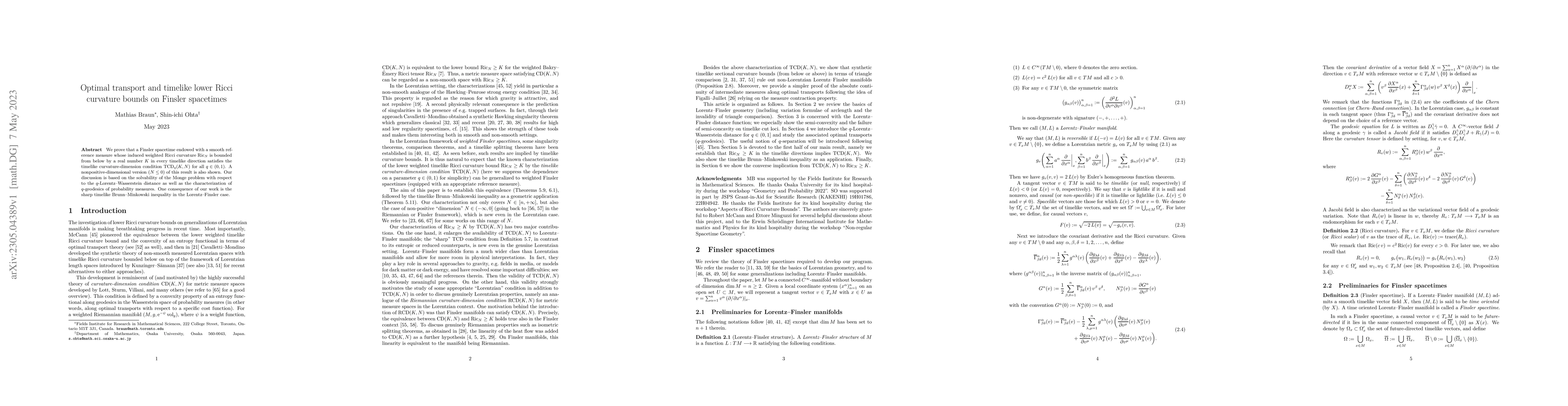 Thumbnail for Optimal transport and timelike lower Ricci curvature bounds on Finsler
  spacetimes