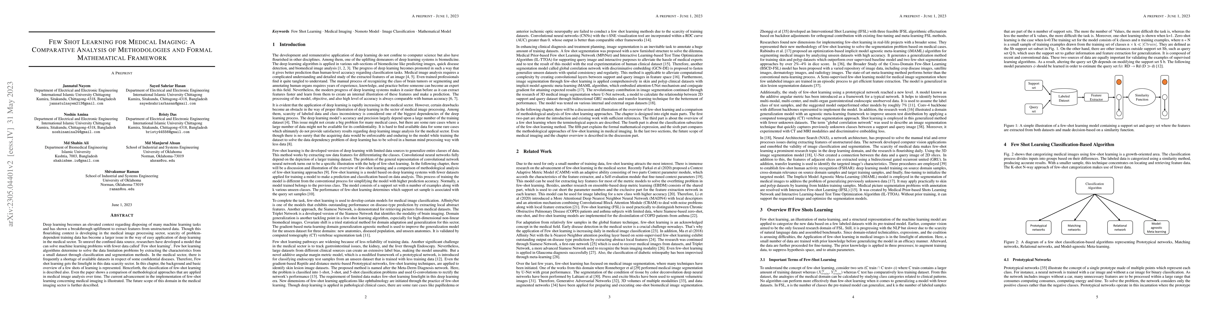 Thumbnail for Few Shot Learning for Medical Imaging: A Comparative Analysis of
  Methodologies and Formal Mathematical Framework