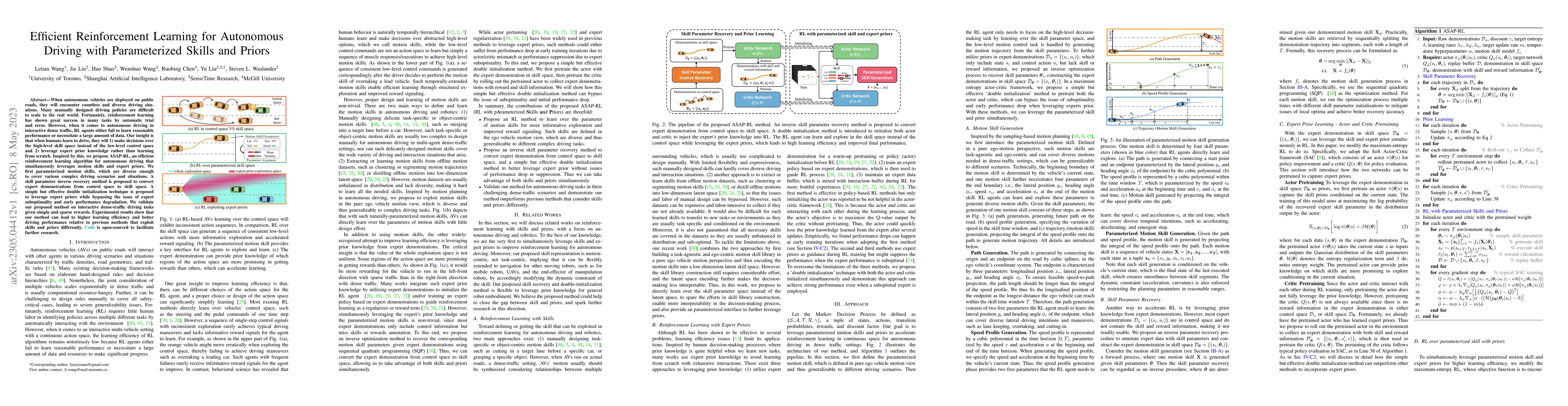 Thumbnail for Efficient Reinforcement Learning for Autonomous Driving with
  Parameterized Skills and Priors
