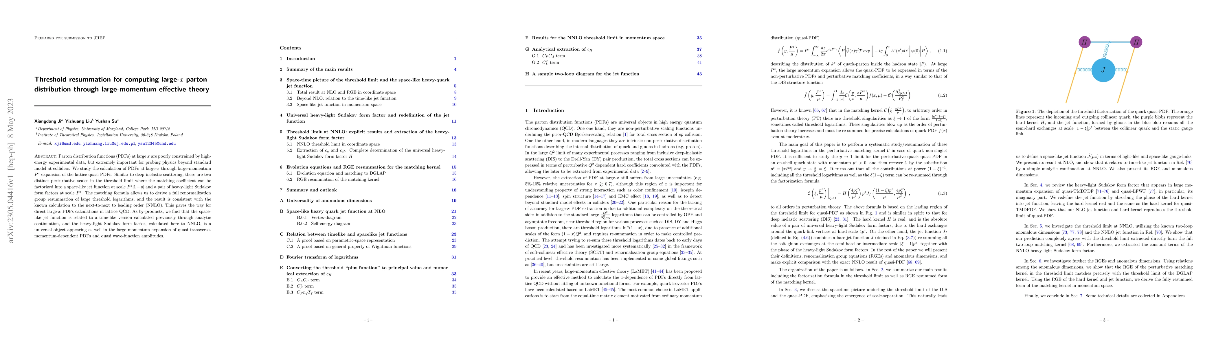 Thumbnail for Threshold resummation for computing large-$x$ parton distribution
  through large-momentum effective theory