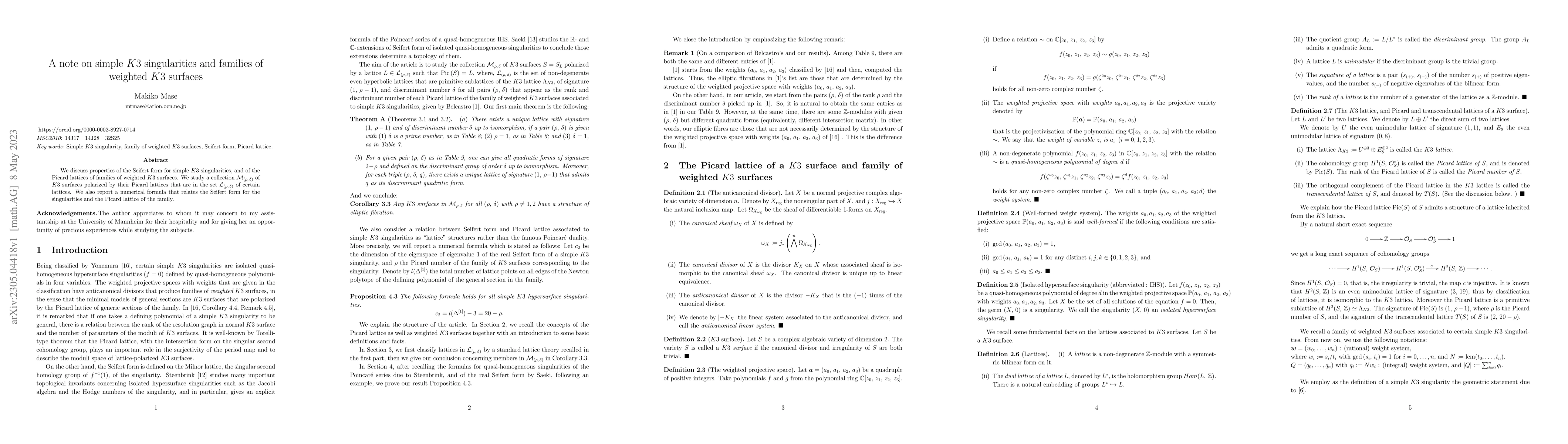 Thumbnail for A note on simple $K3$ singularities and families of weighted $K3$
  surfaces