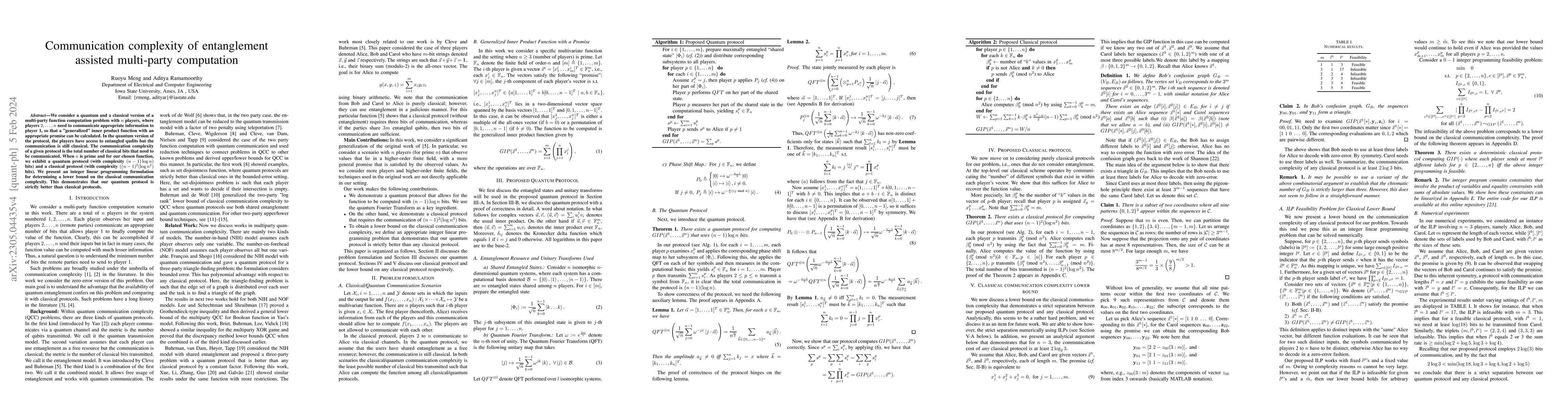 Thumbnail for Communication complexity of entanglement assisted multi-party
  computation