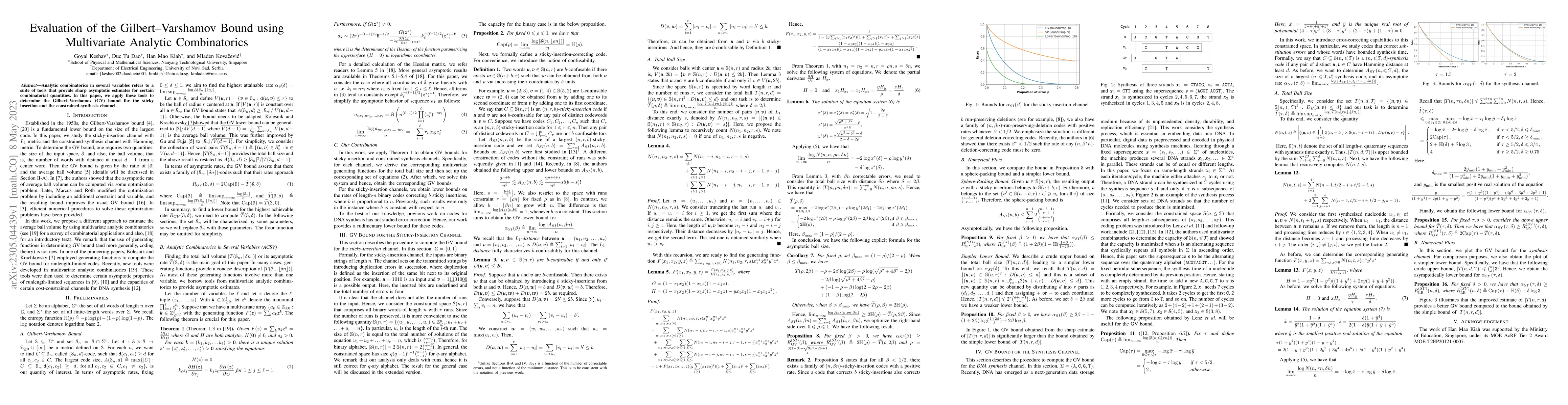 Thumbnail for Evaluation of the Gilbert-Varshamov Bound using Multivariate Analytic
  Combinatorics