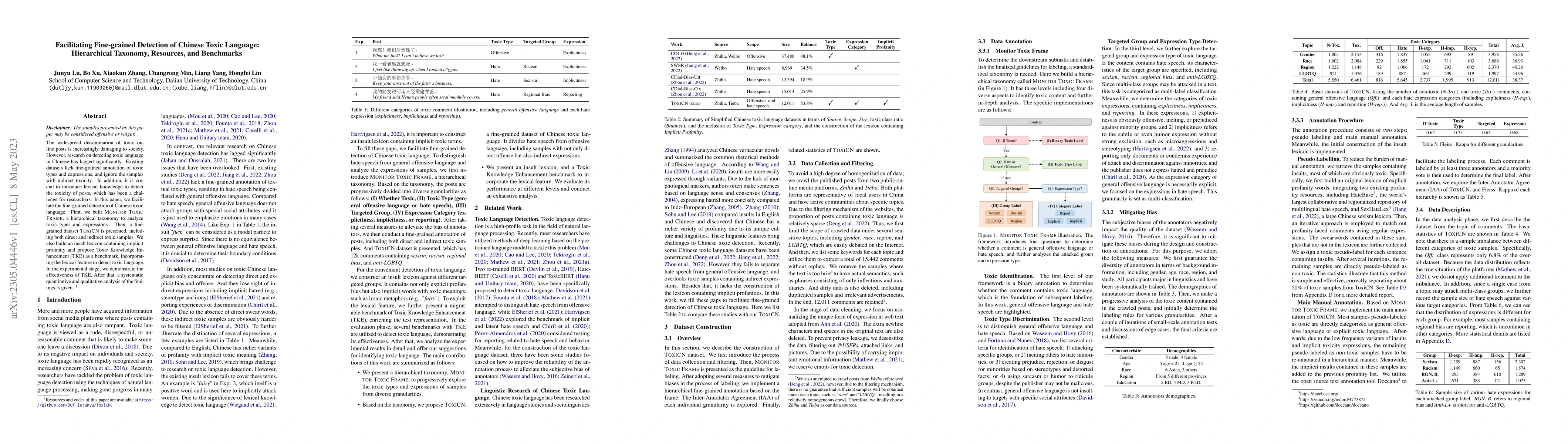 Thumbnail for Facilitating Fine-grained Detection of Chinese Toxic Language:
  Hierarchical Taxonomy, Resources, and Benchmarks