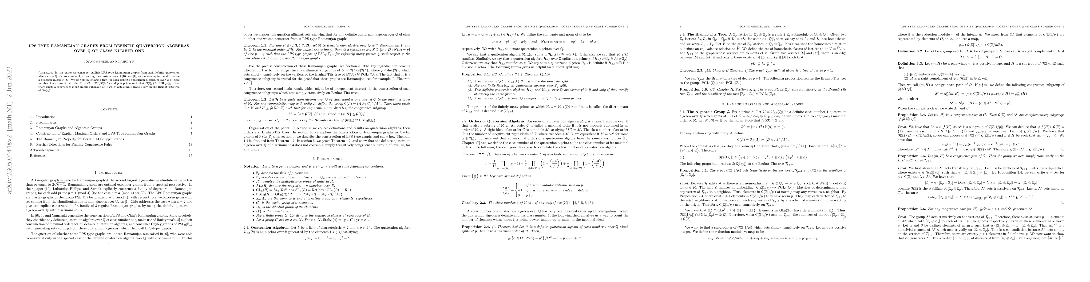 Thumbnail for LPS-Type Ramanujan Graphs from Definite Quaternion Algebras over
  $\mathbb Q$ of Class Number One