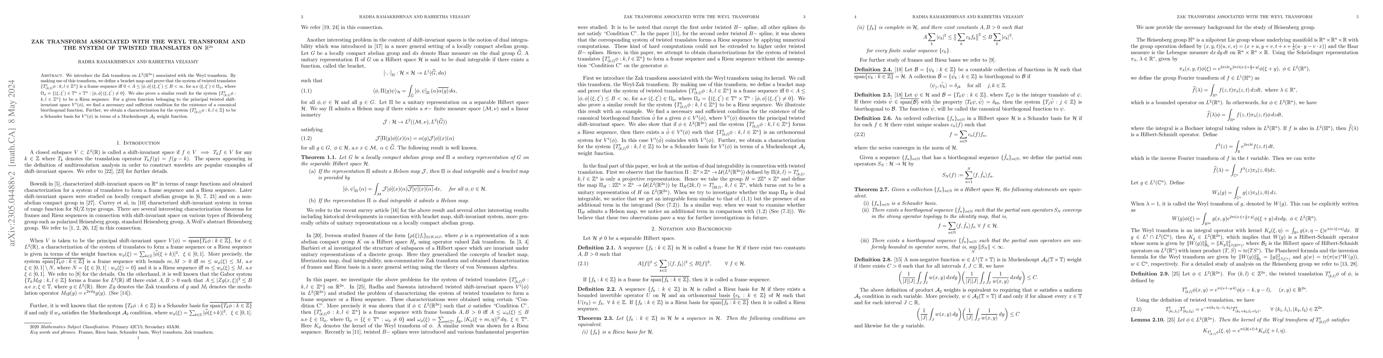 Thumbnail for Zak transform associated with the Weyl transform and the system of
  twisted translates on R^{2n}