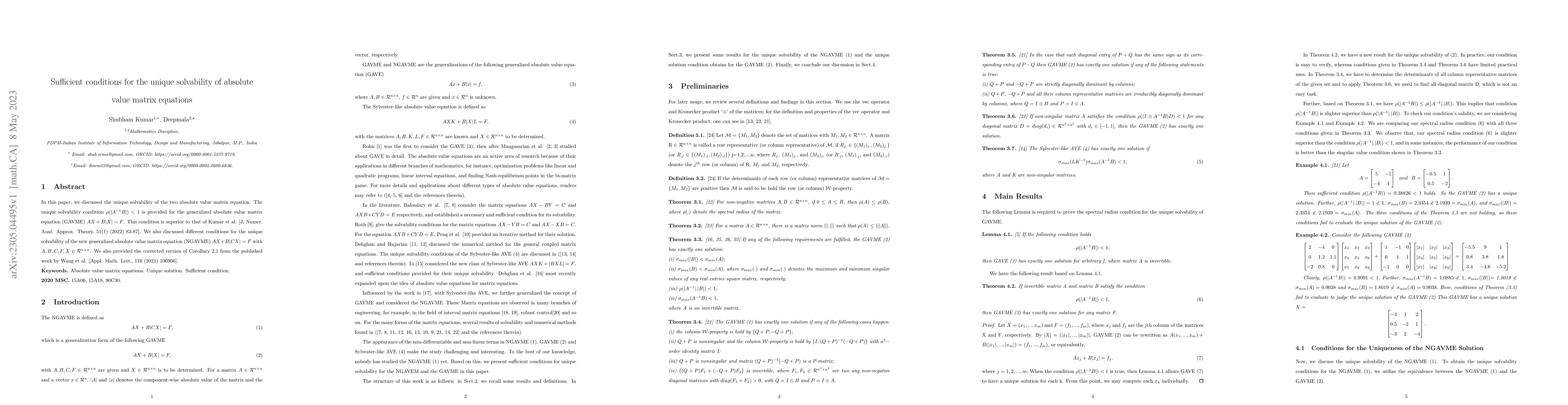 Thumbnail for Sufficient conditions for the unique solvability of absolute value
  matrix equations