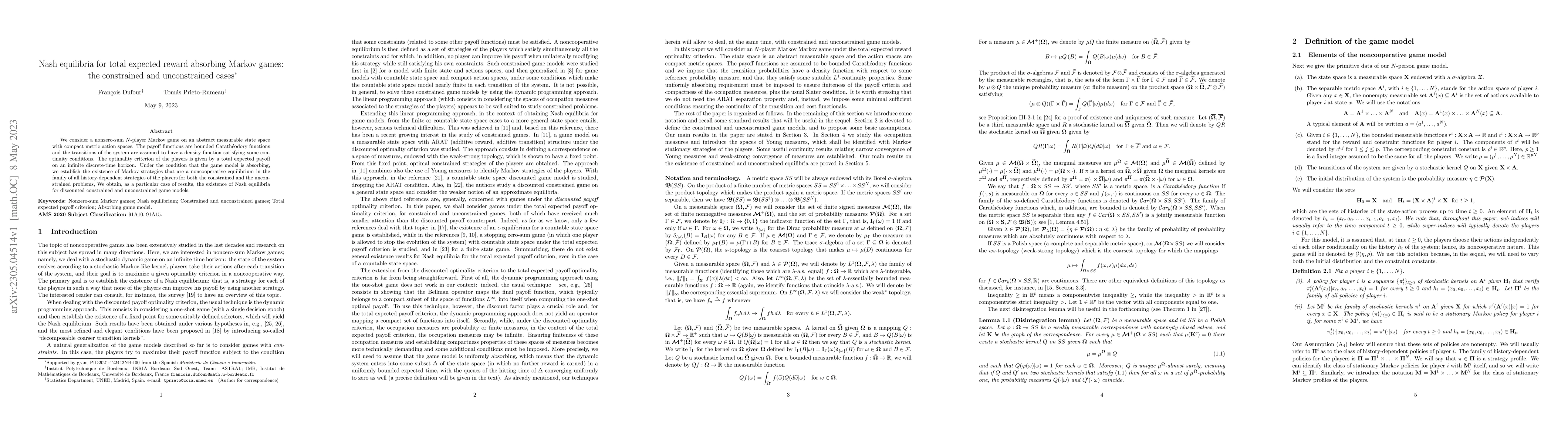 Thumbnail for Nash equilibria for total expected reward absorbing Markov games: the
  constrained and unconstrained cases
