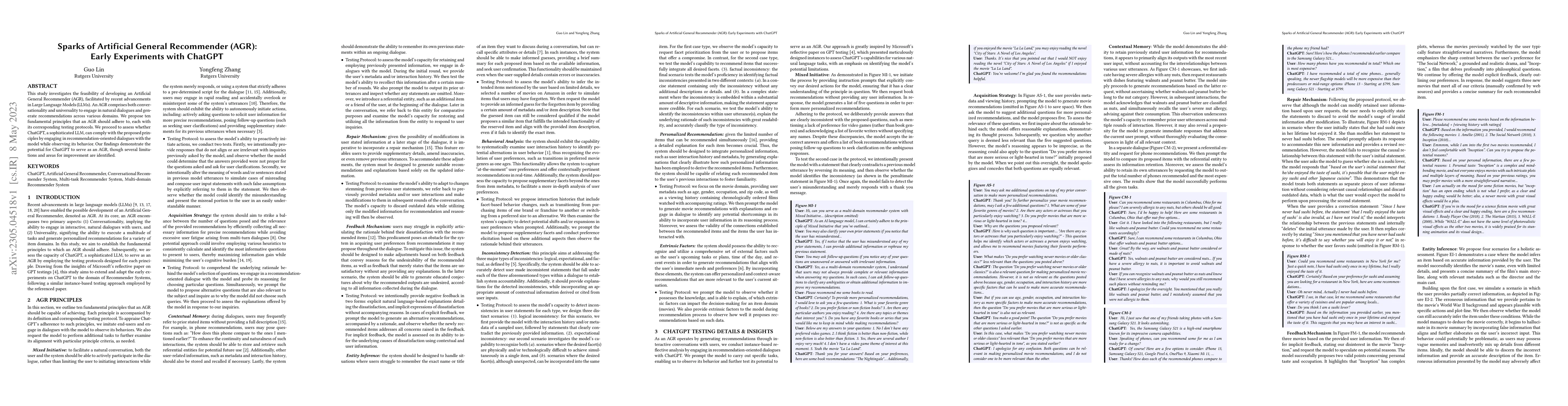 Thumbnail for Sparks of Artificial General Recommender (AGR): Early Experiments with
  ChatGPT