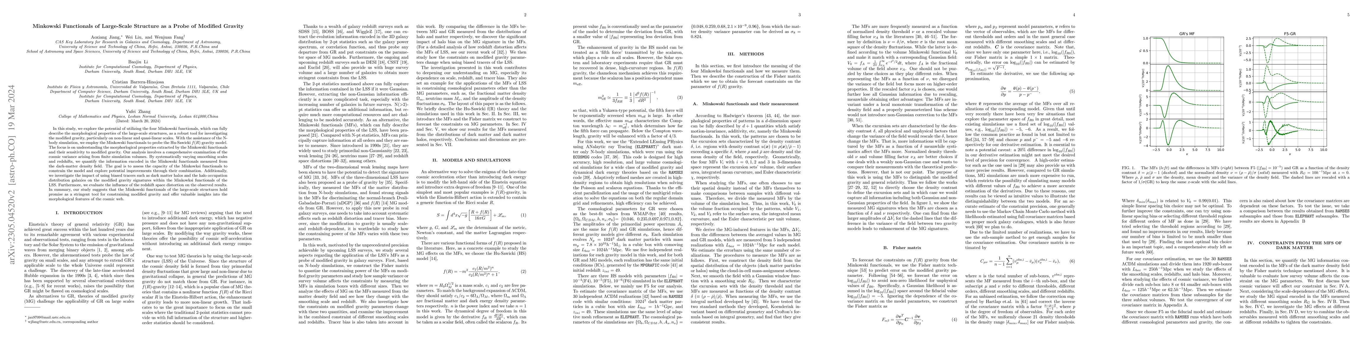 Thumbnail for Minkowski Functionals of Large-Scale Structure as a Probe of Modified
  Gravity