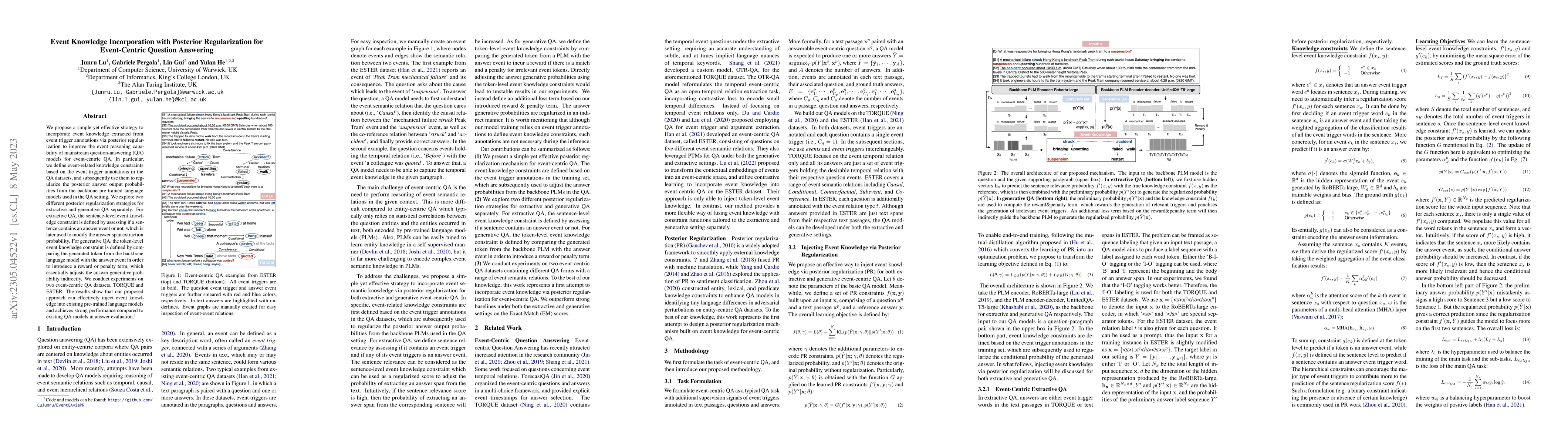 Thumbnail for Event Knowledge Incorporation with Posterior Regularization for
  Event-Centric Question Answering