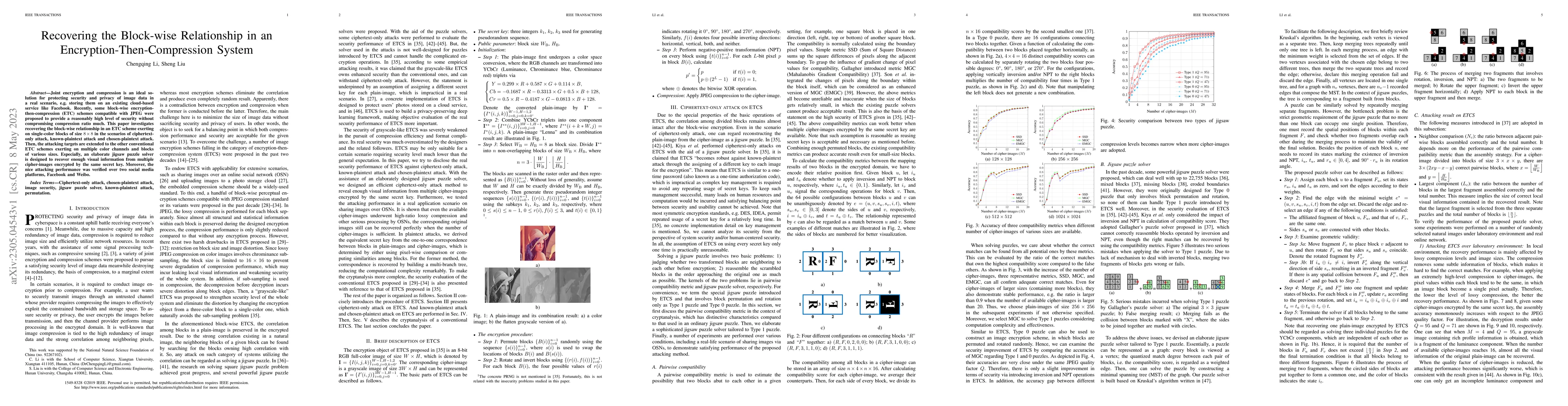 Thumbnail for Recovering the Block-wise Relationship in an Encryption-Then-Compression
  System