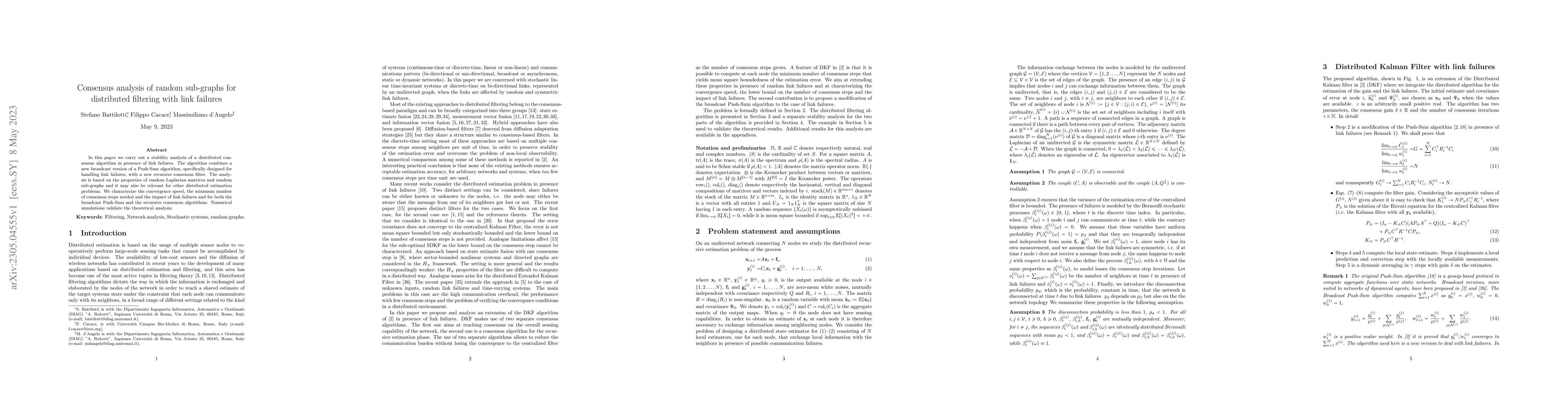 Thumbnail for Consensus analysis of random sub-graphs for distributed filtering with
  link failures