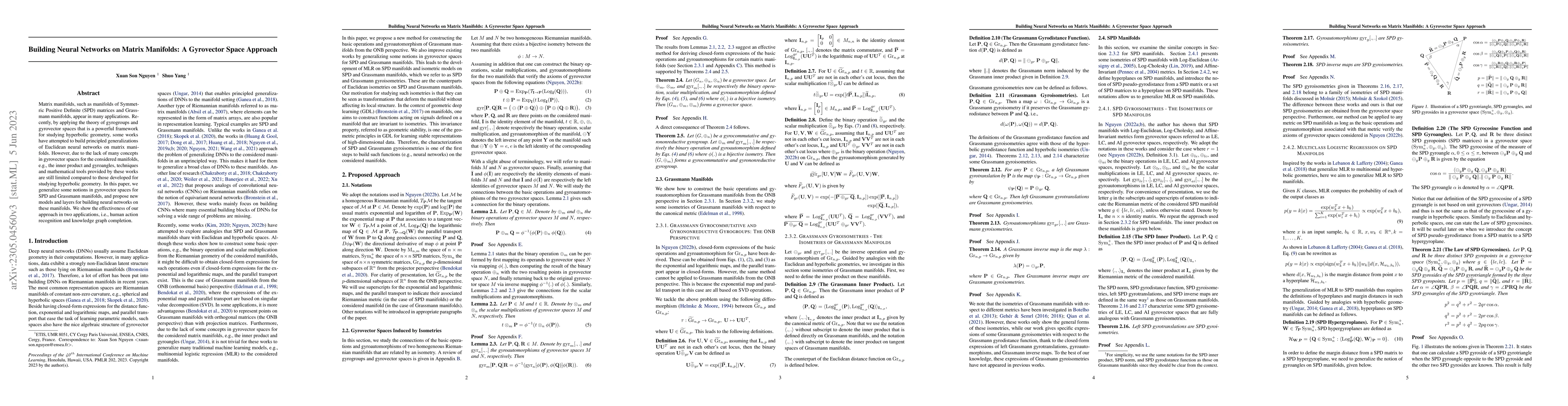 Thumbnail for Building Neural Networks on Matrix Manifolds: A Gyrovector Space
  Approach