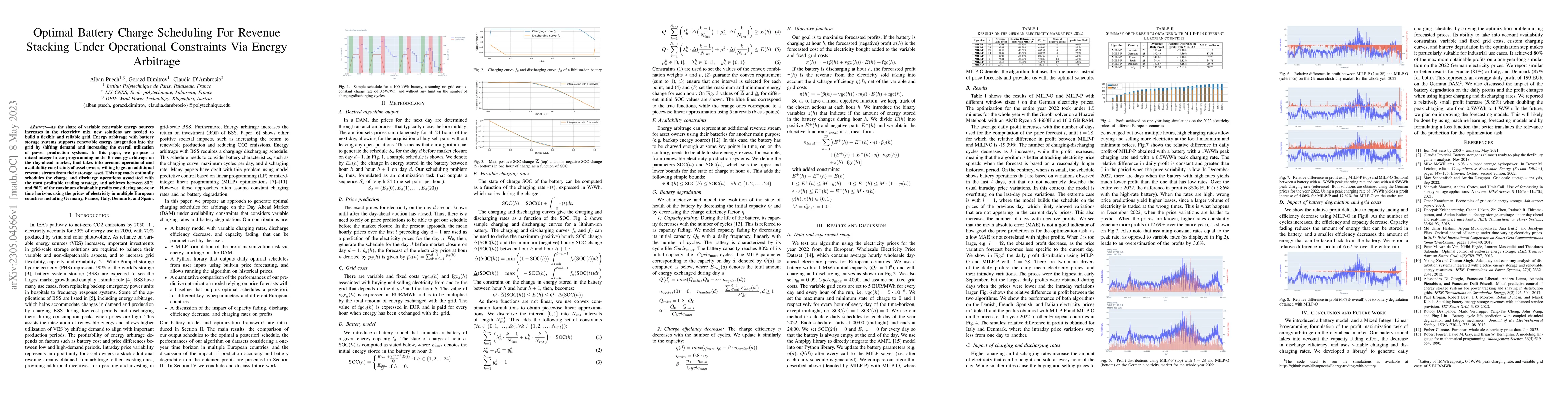 Thumbnail for Optimal Battery Charge Scheduling For Revenue Stacking Under Operational
  Constraints Via Energy Arbitrage