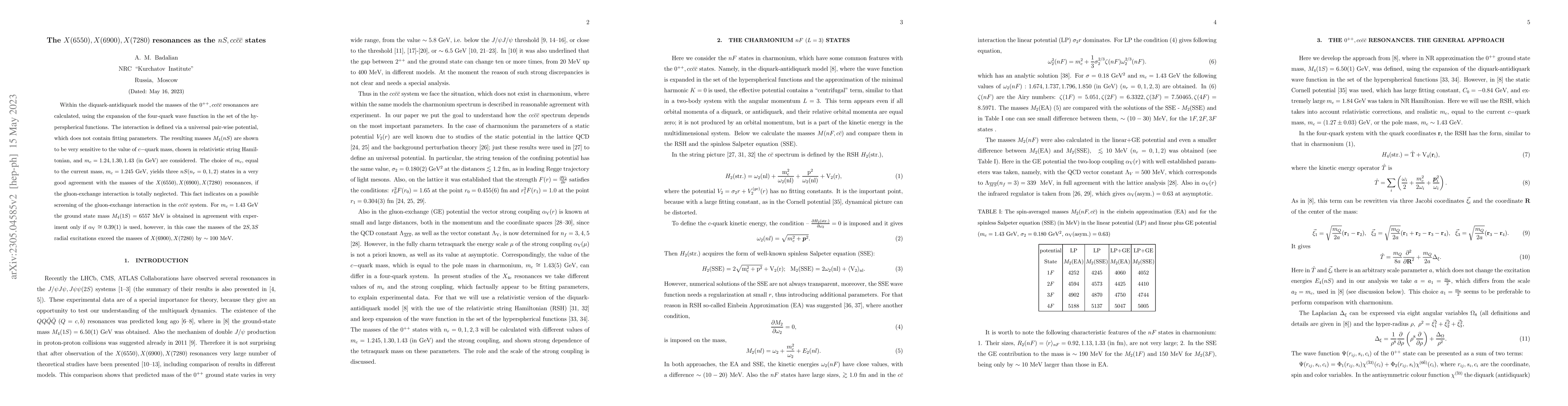 Thumbnail for The $X(6550), X(6900), X(7280)$ resonances as the $nS, cc\bar c\bar c$
  states