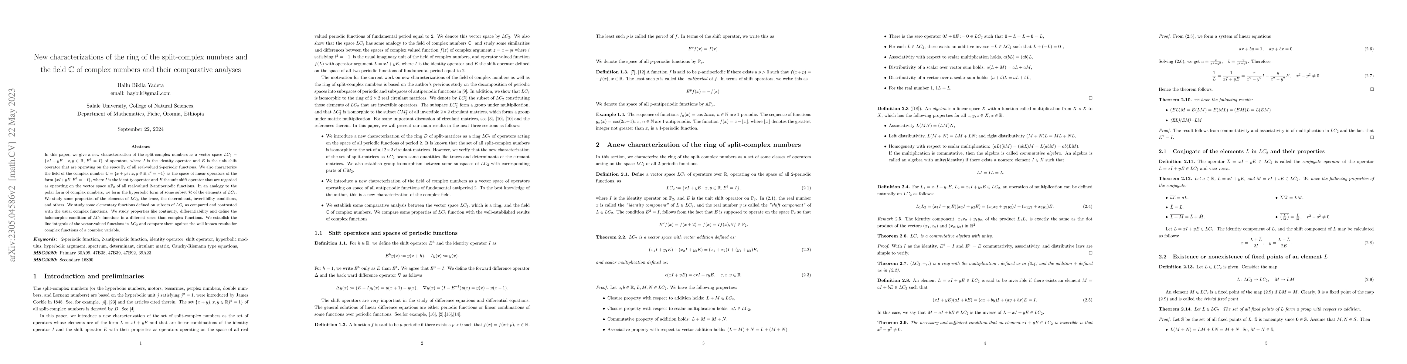 Thumbnail for New characterizations of the ring of the split-complex numbers and the
  field $ \mathbb{C} $ of complex numbers and their comparative analyses