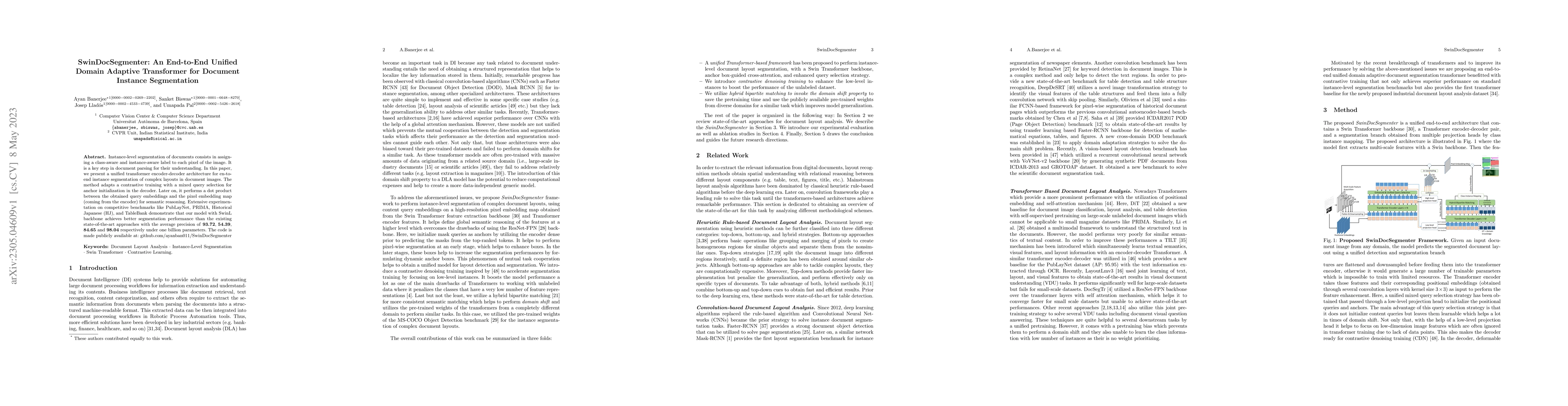Thumbnail for SwinDocSegmenter: An End-to-End Unified Domain Adaptive Transformer for
  Document Instance Segmentation