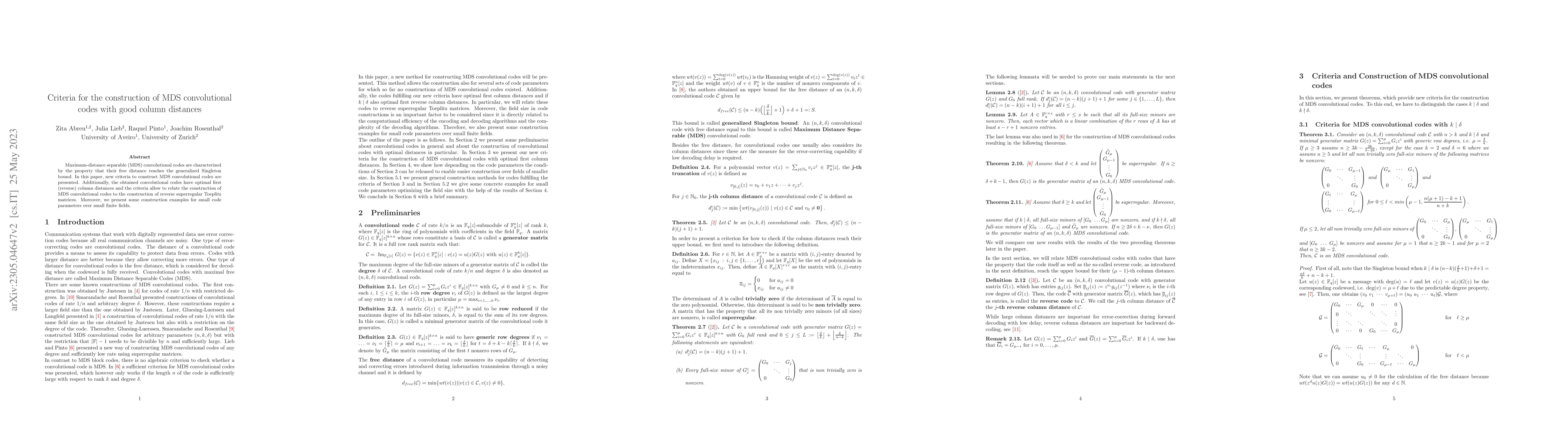 Thumbnail for Criteria for the construction of MDS convolutional codes with good
  column distances